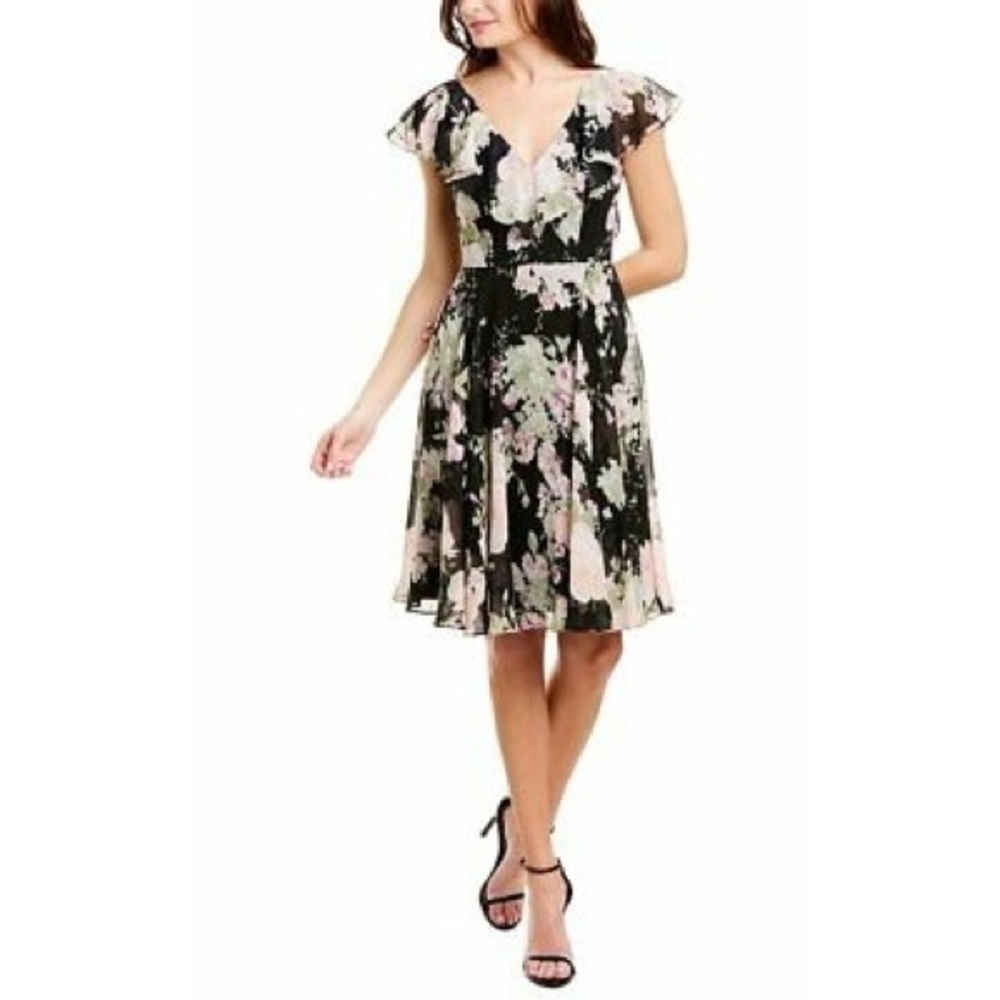 AFTER Six Floral Garden Chiffon Ruffle V-Neck Dress
